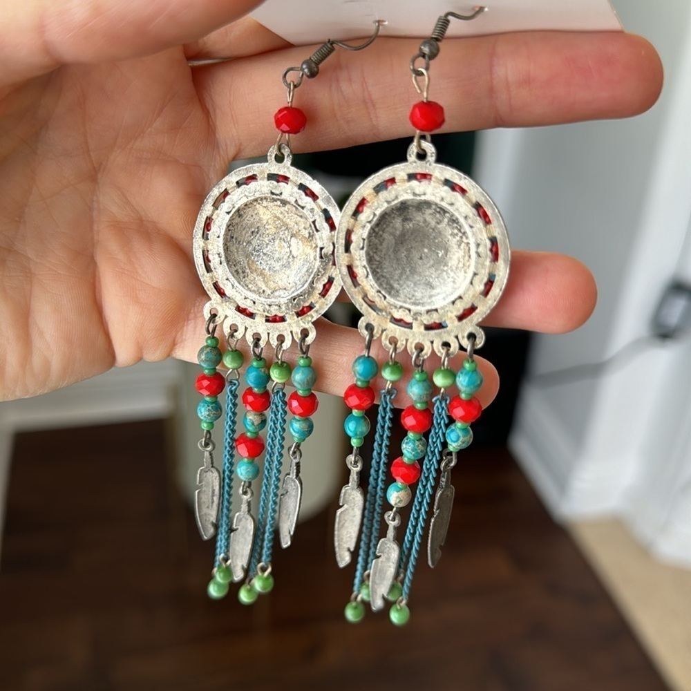 Turquoise and Feather Dangle Earrings - Picture 5 of 9
